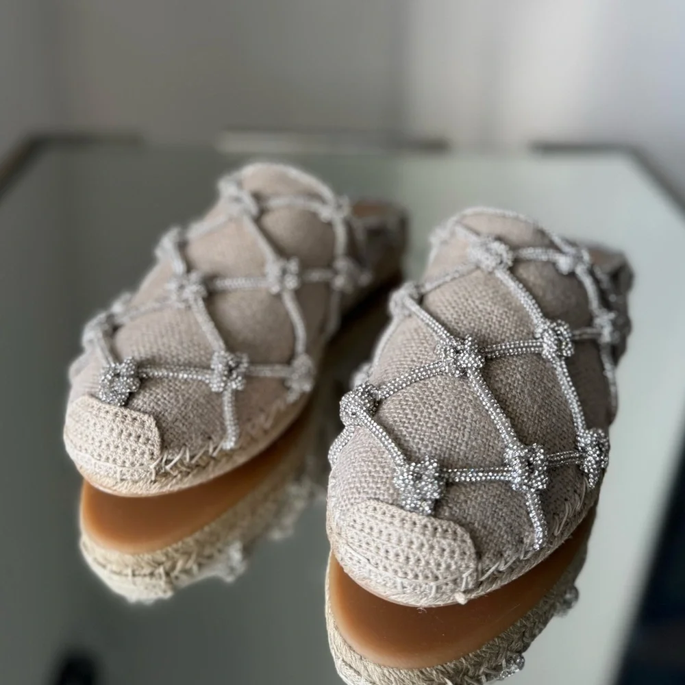 New VALENTINO GARAVANI Crystal-embellished linen espadrille mules $1,150 35